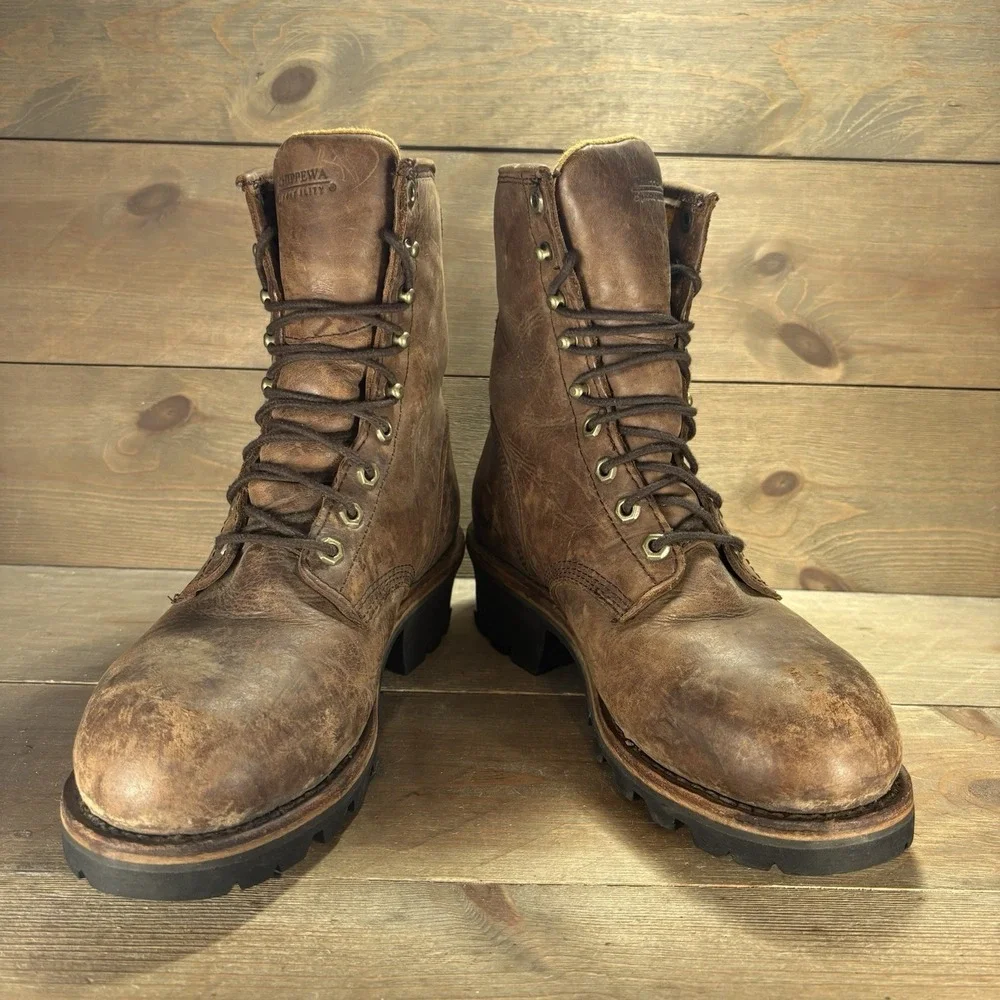 chippewa mens size 9 shoes brown leather steel toe work boots